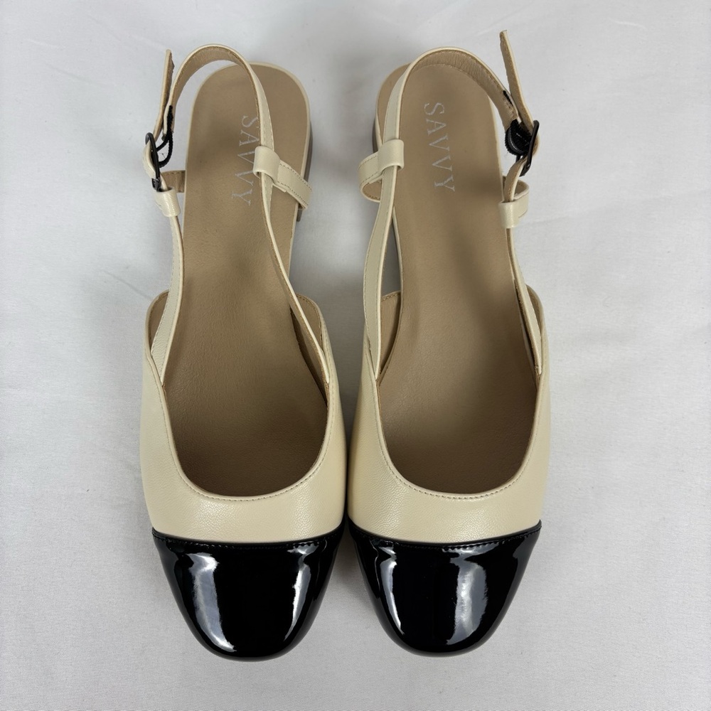 Slingback Dress Flats Cap Toe Ankle Strap Dressy Ballet Shoes Beige Black Size 9